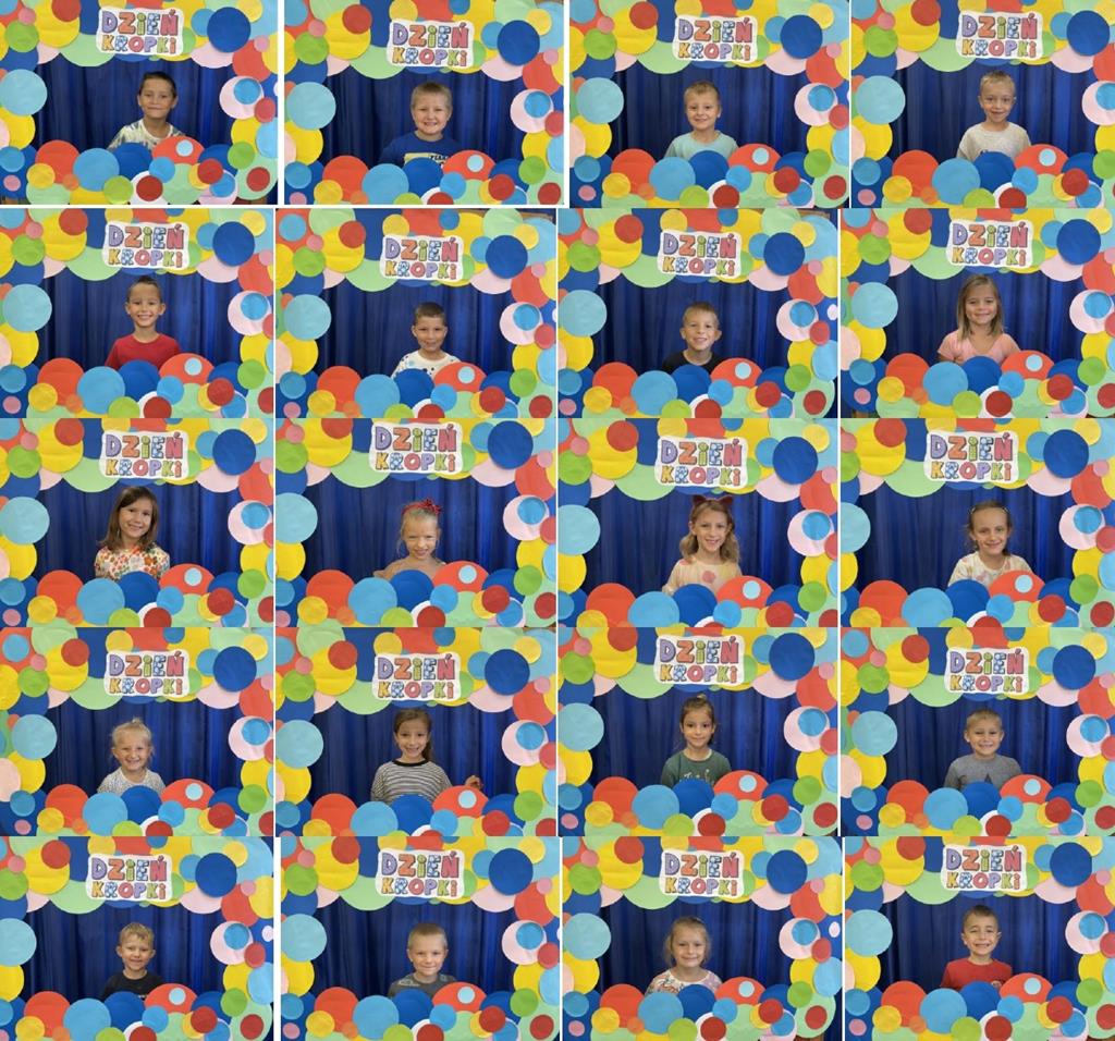 Zdjęcie grupowe dzieci w ramce z kolorowych kółek różnej wielkości.